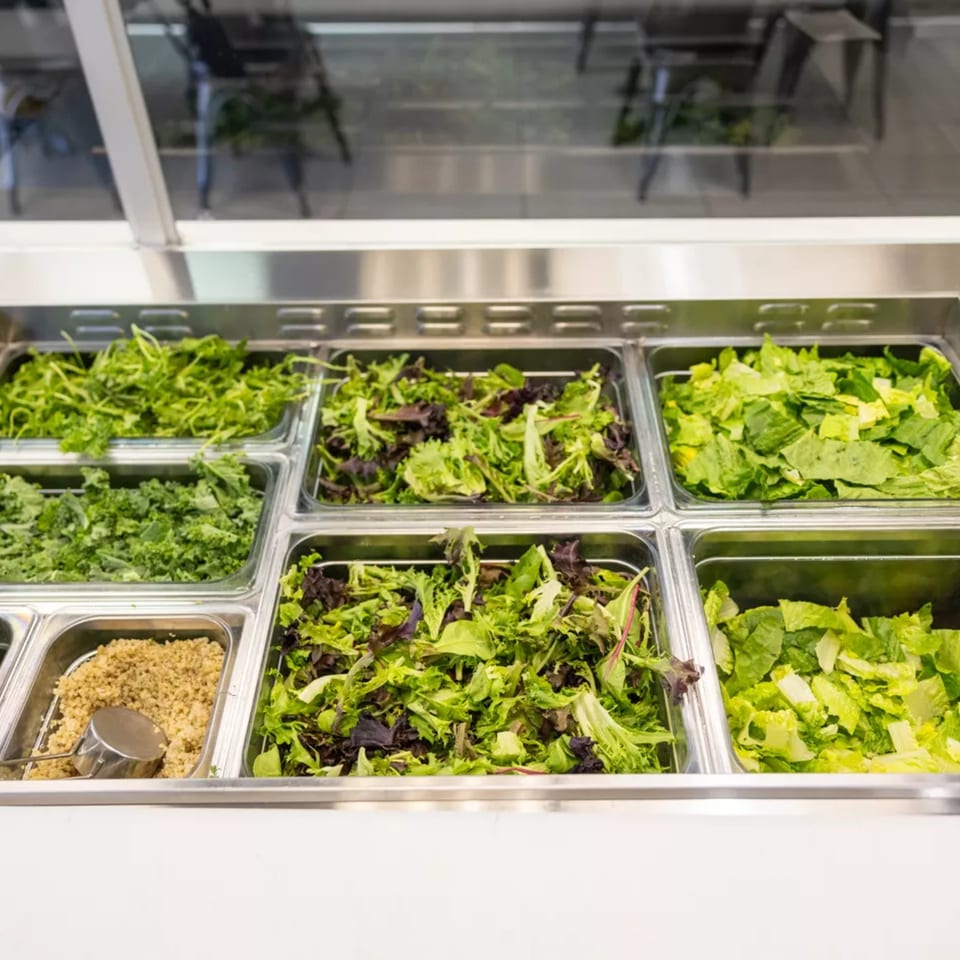 Salad bar with various fresh greens, including kale, mixed greens, and romaine lettuce, plus quinoa.